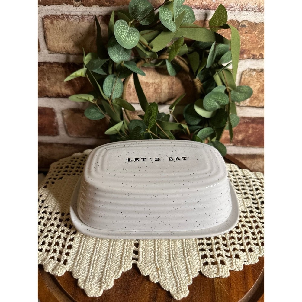 White Speckled Ceramic Butter Dish "Let's Eat" by The Pottery People 7.25x5"